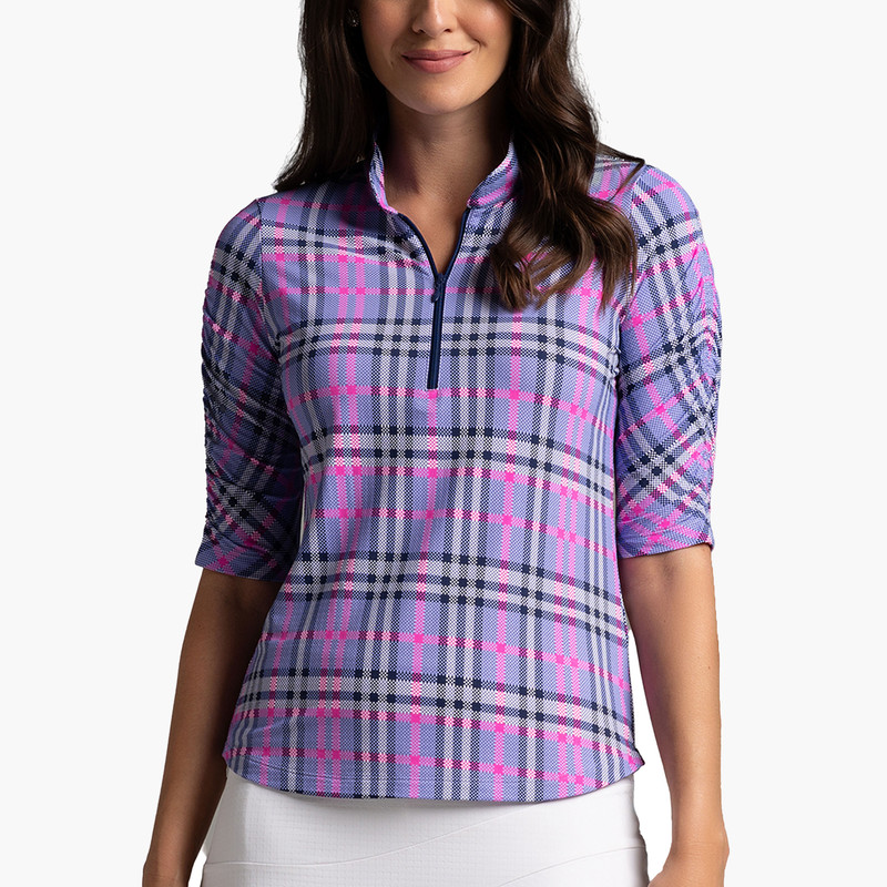 IBKUL Judith Plaid Ruched Elbow Sleeve Zip Mock