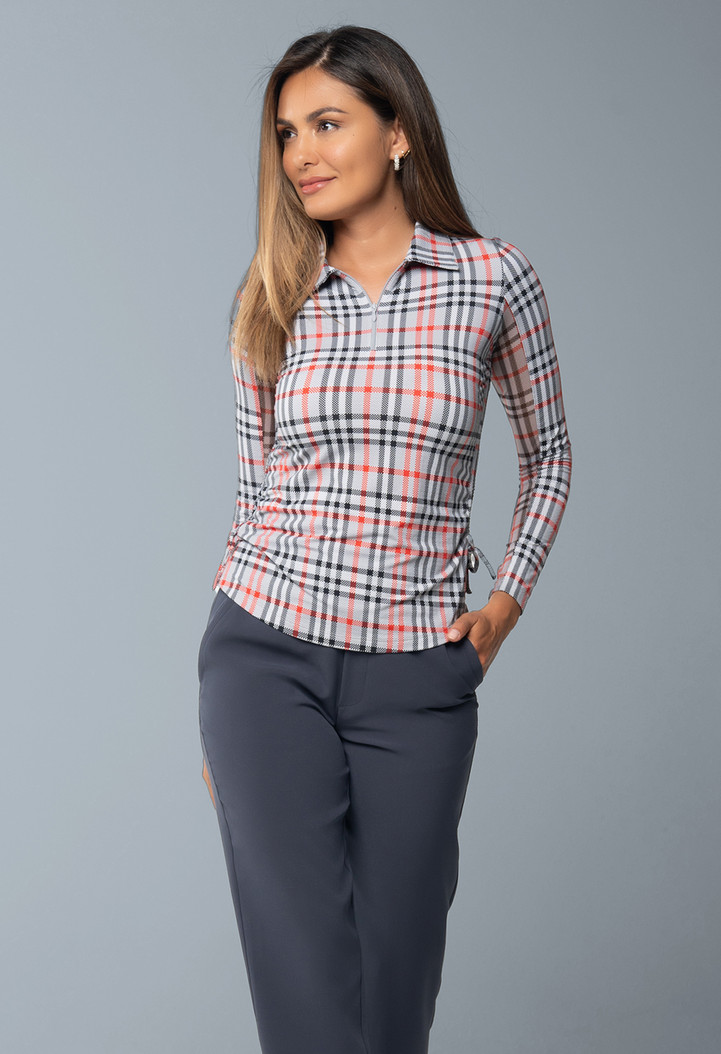 IBKUL Judith Plaid Adjustable Long Sleeve Zip Polo