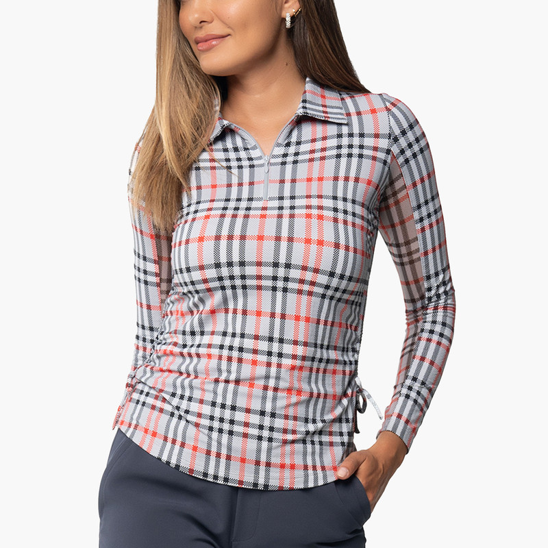 IBKUL Judith Plaid Adjustable Long Sleeve Zip Polo