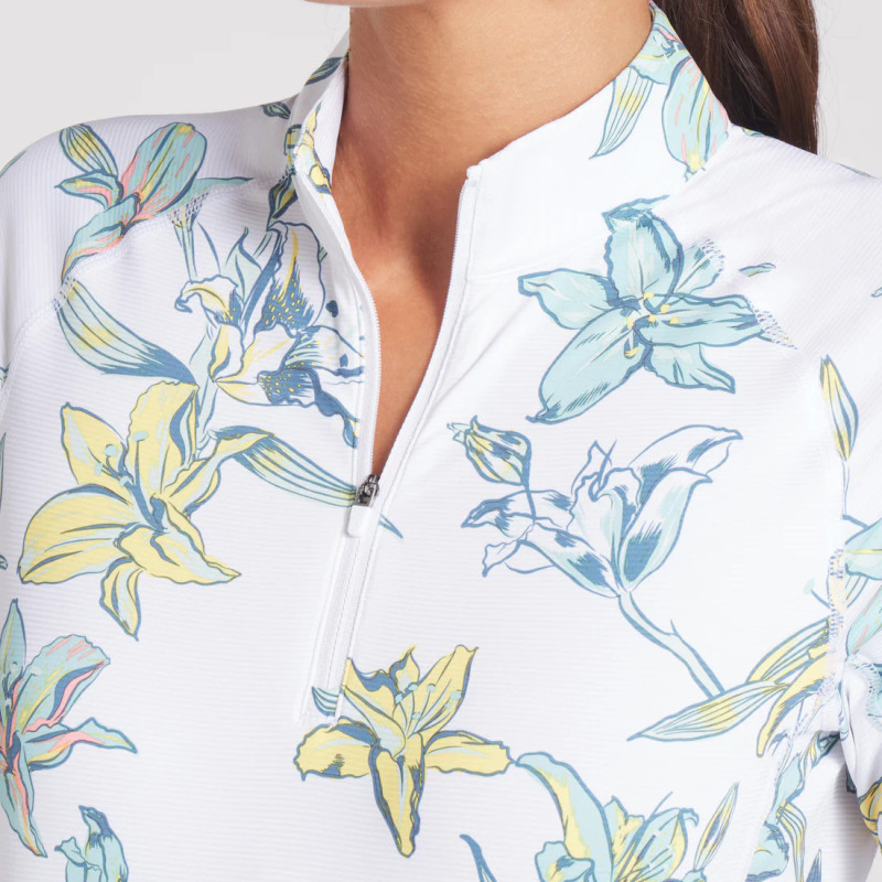 PUMA Lily Floral White Glow YouV Brrr 1/4 Zip Long Sleeve Cooling Mock